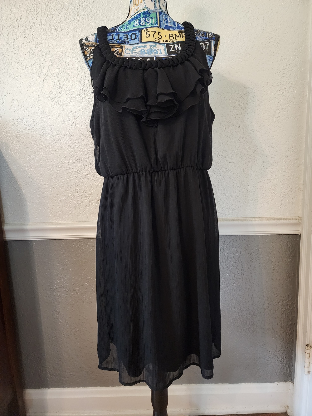 Black Ruffle-Front Midi Dress with Braided Straps